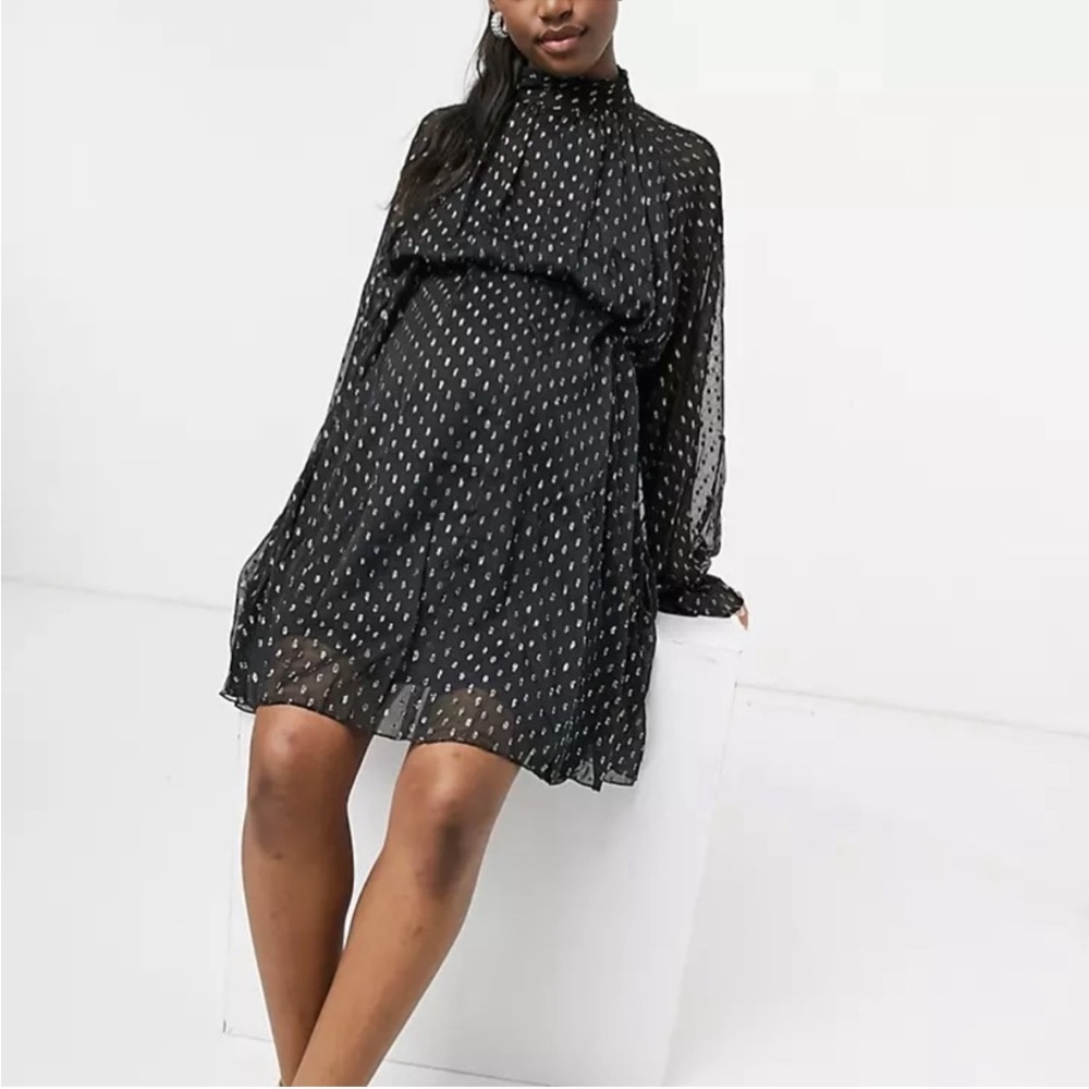 ASOS Maternity High Neck Long Sleeve Black/Gold Metallic Chiffon Mini Dress NWOT